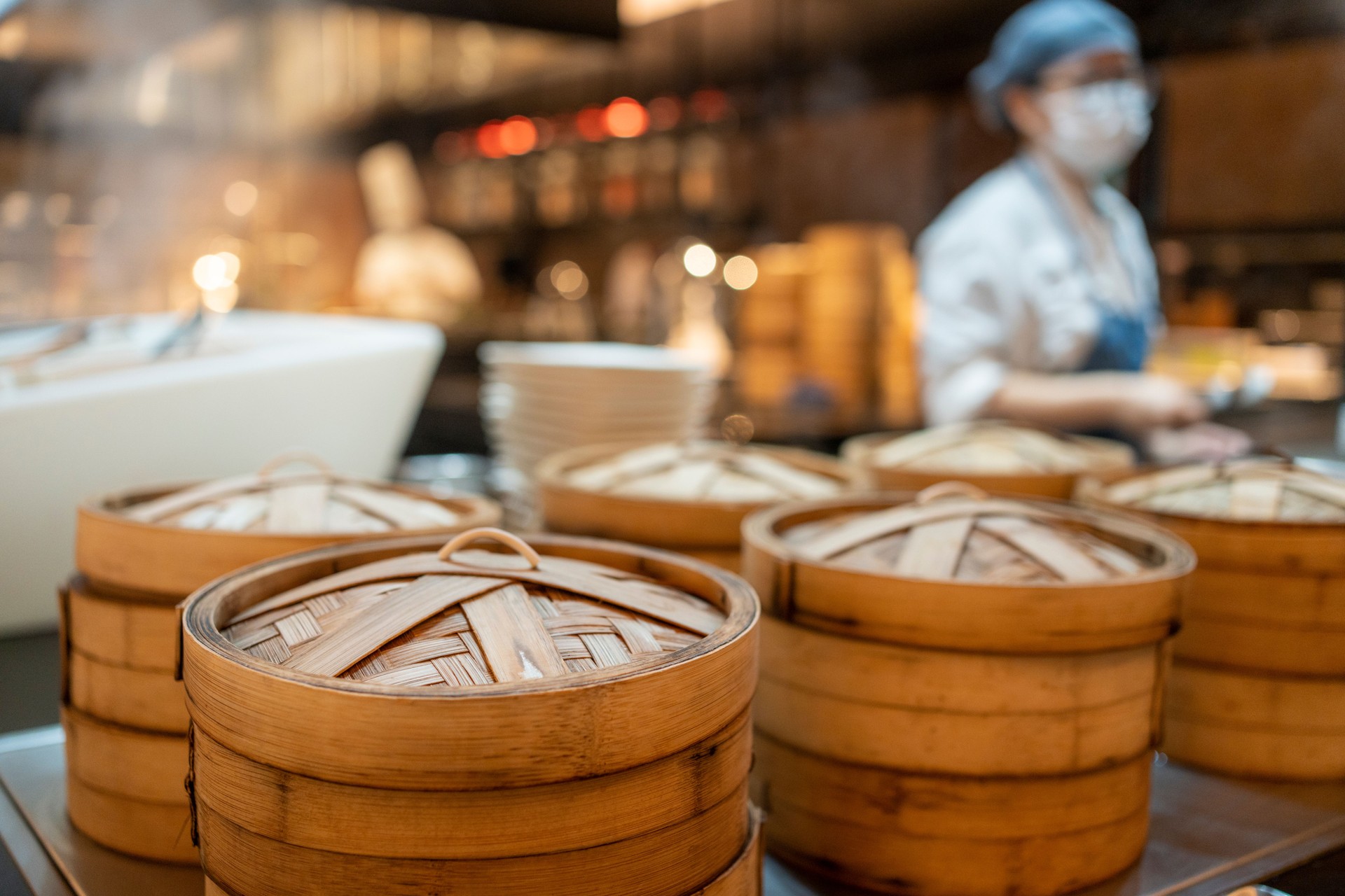 Dim Sum steamers in Cantonese restaurant